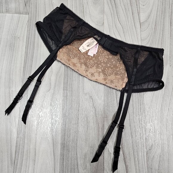 NWT Victoria's Secret Black/Nude Floral Embroidery Wide Garter Belt Size XS/S - Picture 6 of 7